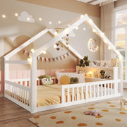 DESMIU Letto per bambini 2 posti con sponde, scaffali e LED 140 × 190 cm, senza materasso, bianco