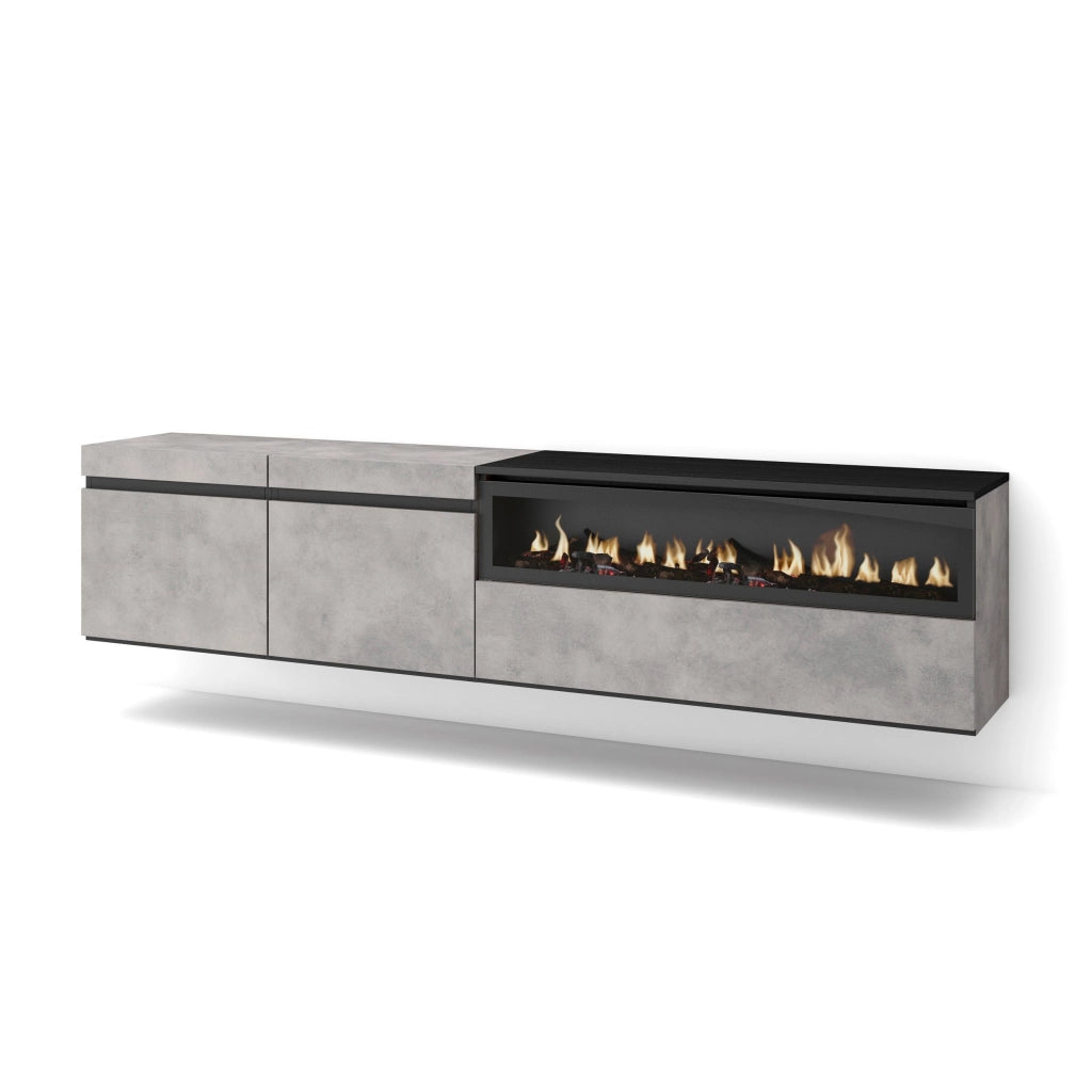 Mobile TV, 200x35x45cm, soggiorno, Per TV fino a 80", Camino elettrico, da appendere, grigio cemento RF2231