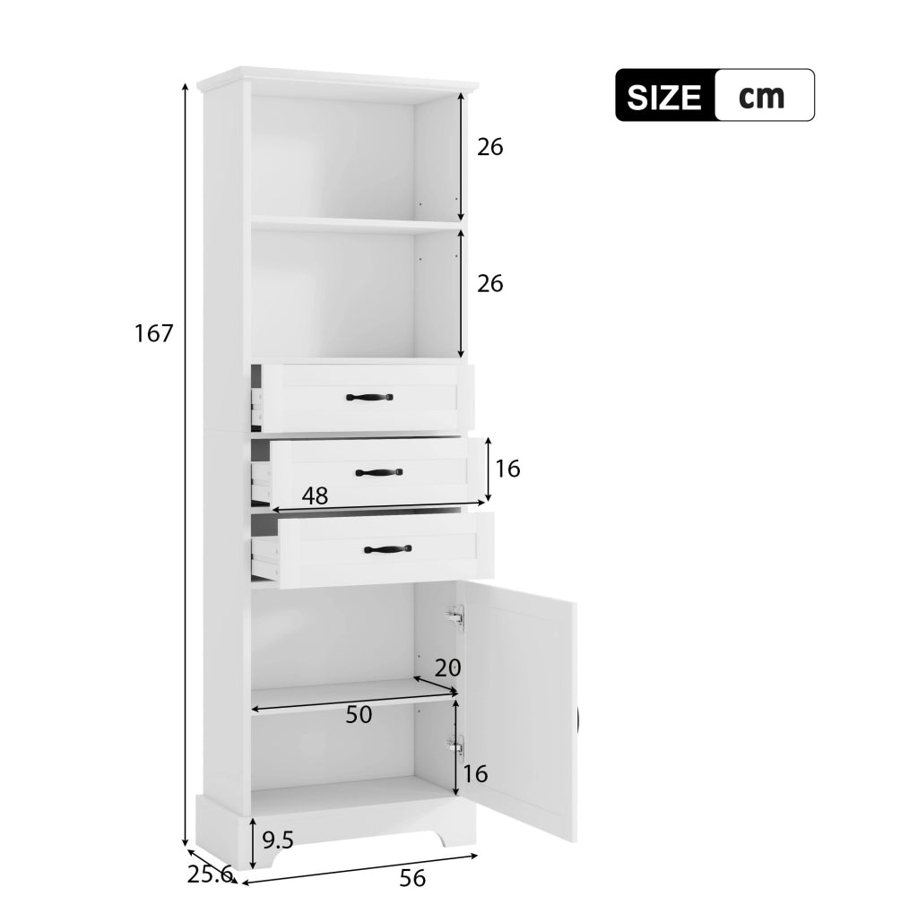 Armadio bagno bianco 56x25,6x167 cm con 3 cassetti, ripiani regolabili e design moderno