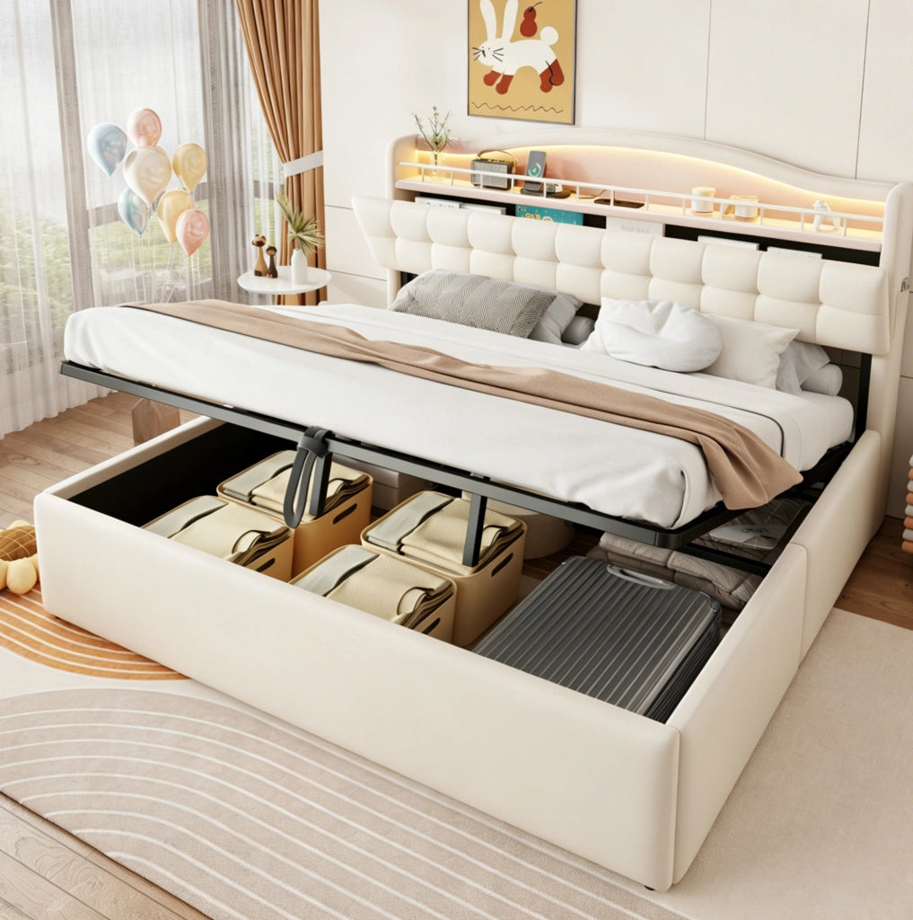 Letto imbottito 180x200 cm con contenitore idraulico; USB e USB-C; tessuto e metallo beige