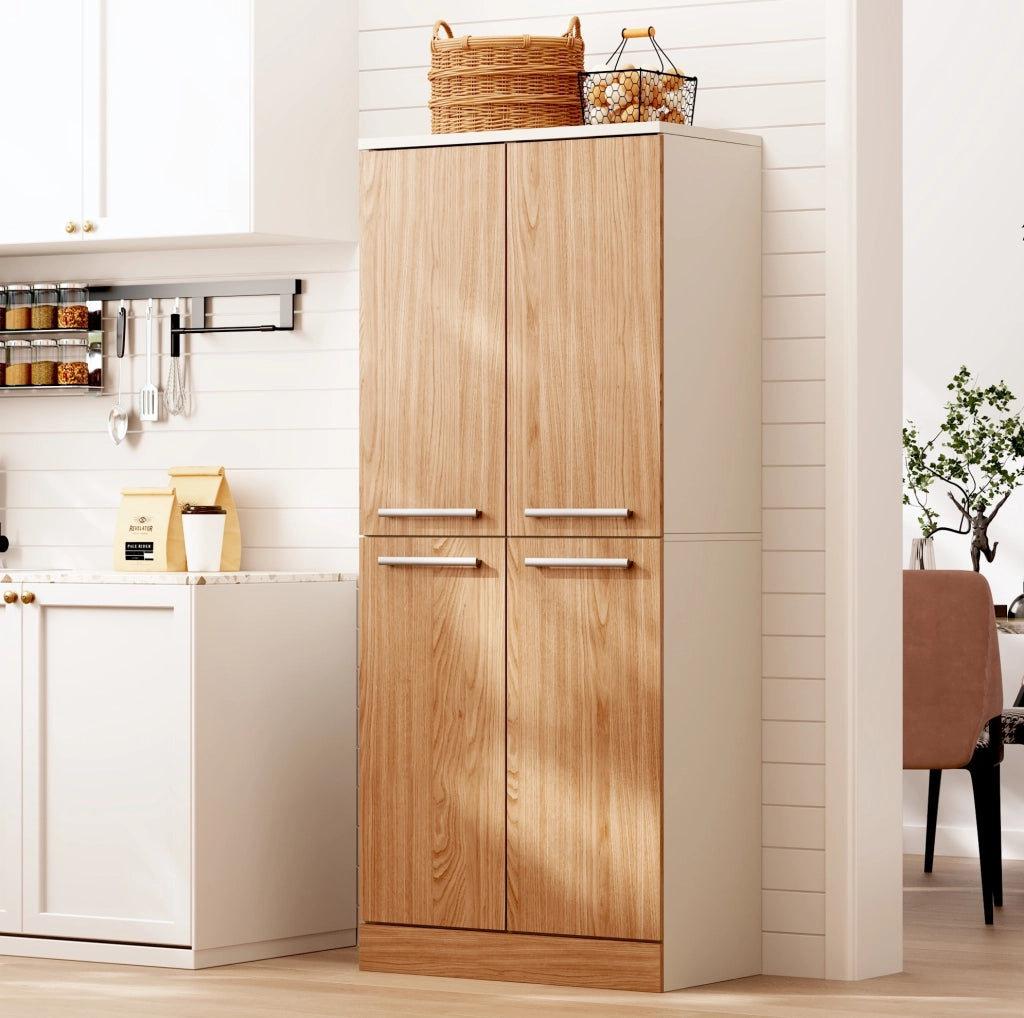 Mobile dispensa 76x42x180 cm con 4 ante e ripiani regolabili in MDF bianco e naturale