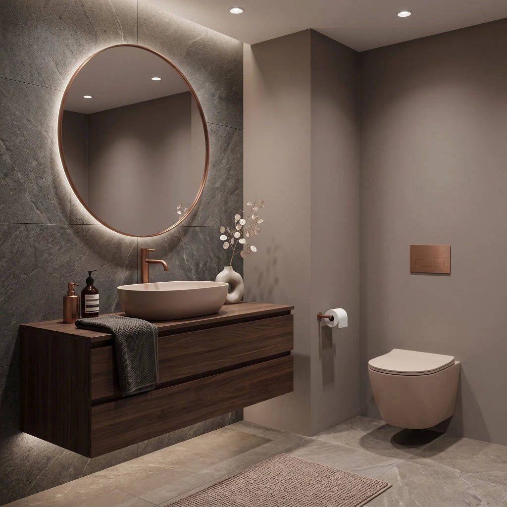 Set Wc Sospeso Focus + Lavabo Da Appoggio Rea Focus Taupe