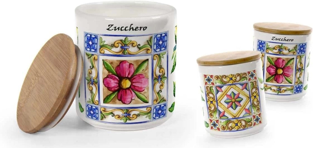 MAURY'S TERRA E SOLE TRIS BARATTOLI SALE,ZUCCHERO E CAFFÈ IN CERAMICA 10 X 12 CM