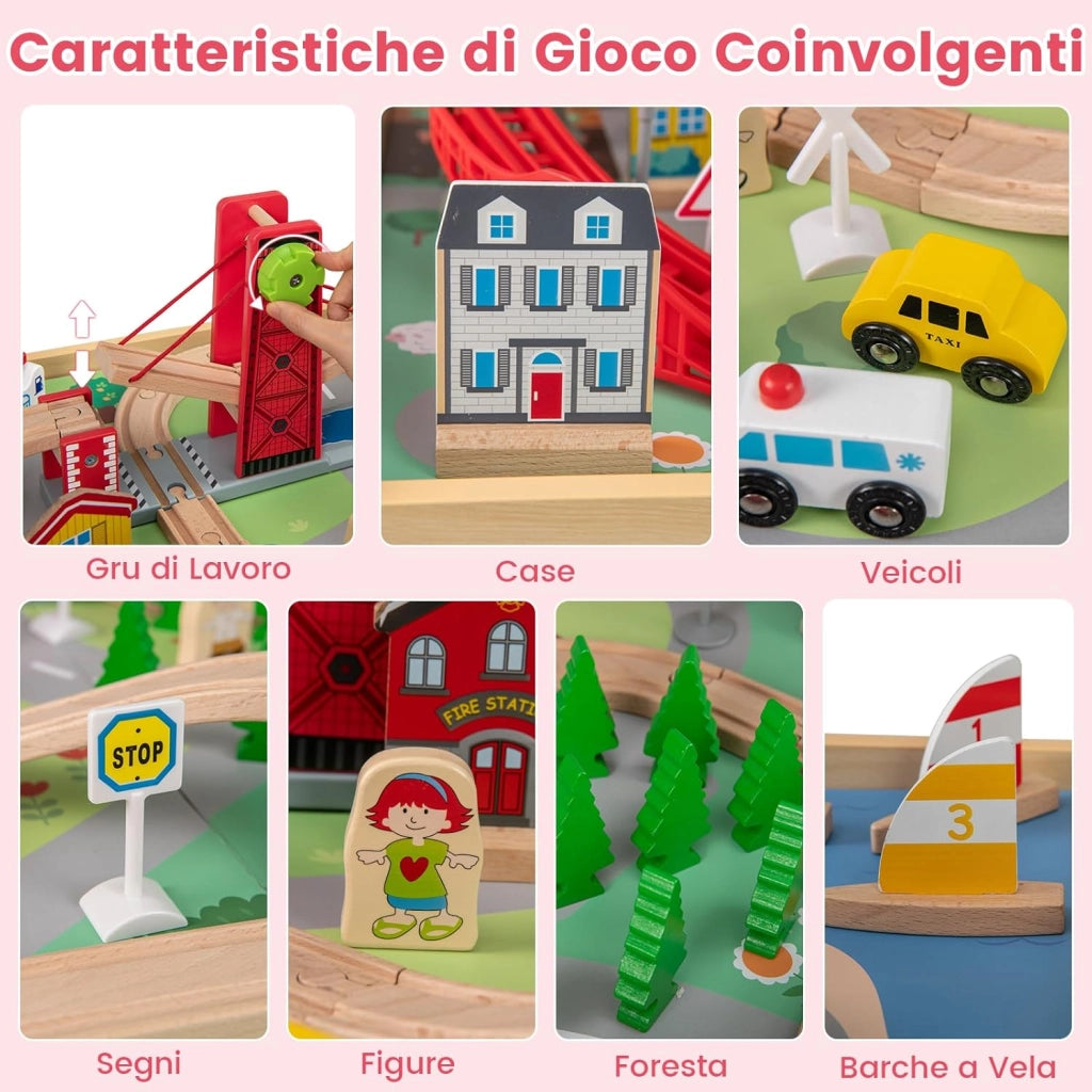 Tavolo con Set di Treni per Bambini 3+ Anni, Tavolo da Gioco Multifunzionale in Legno con 2 Superfici Reversibili, 3 Cassetti in Tessuto e Accessori per Binari, Scrivania da Gioco