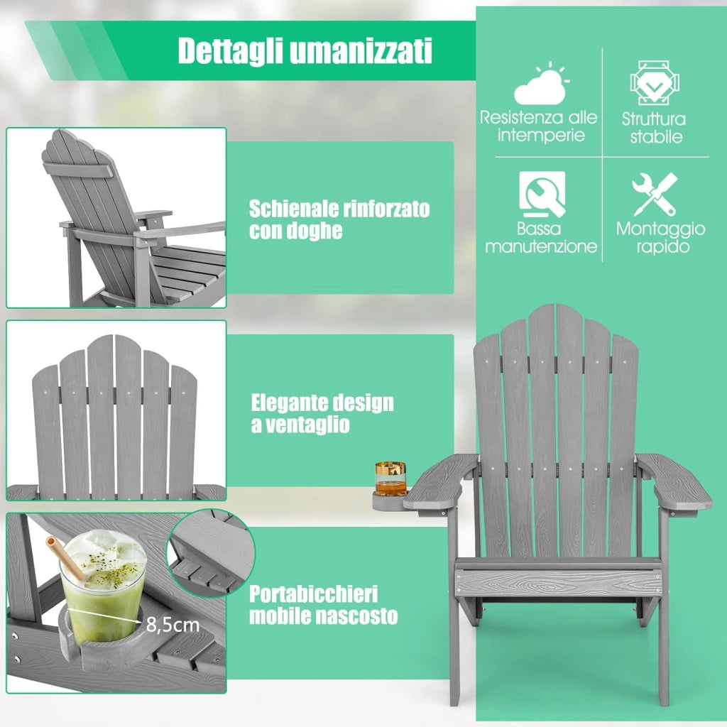 Sedia da Giardino Adirondack in HIPS, Sedia Adirondack con Portabicchieri, Poltrona da Esterno Resistente, per Giardino, Balcone, Piscina, Portata 150 kg (2, Grigio)