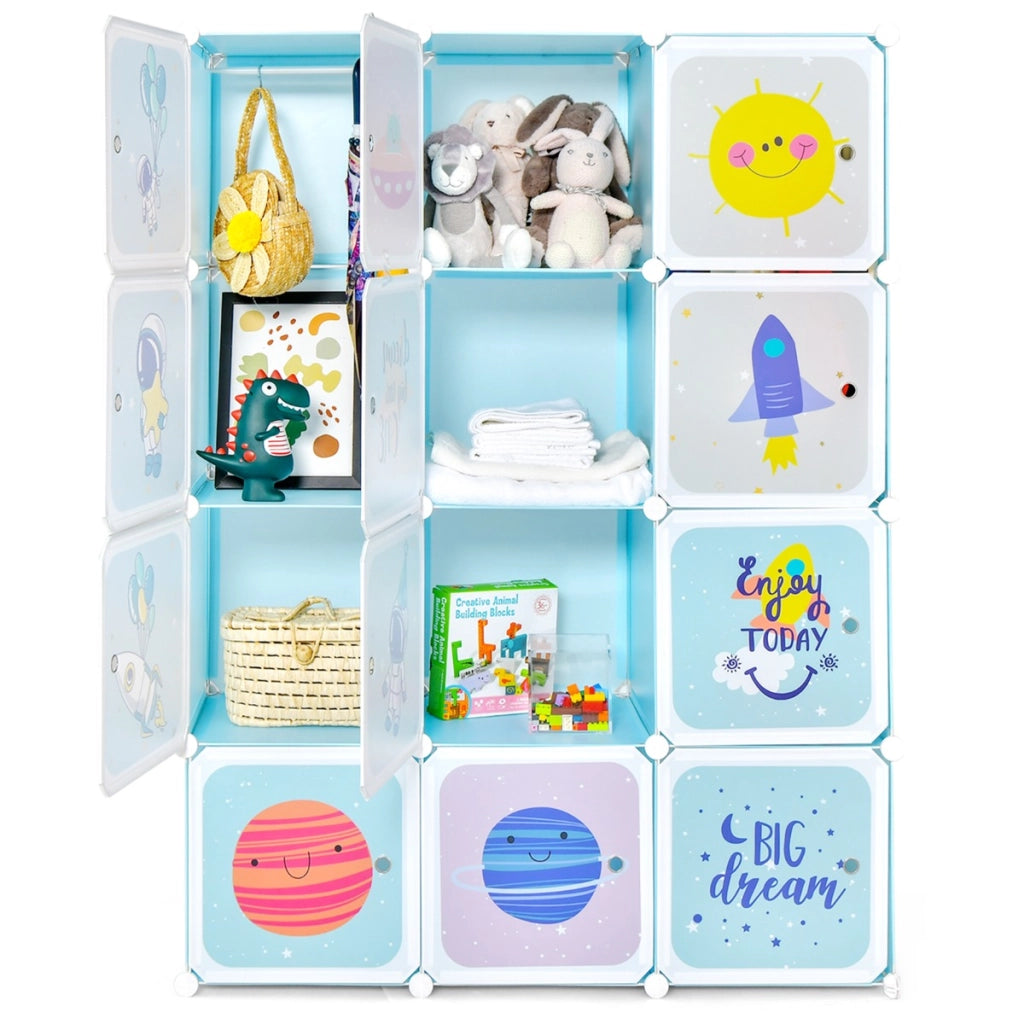 Armadio a 12 cubi per bambini con 2 barre appendiabiti motivi adorabili, Armadio per cameretta 109x37x145cm Azzurro-Armadi Appendiabiti