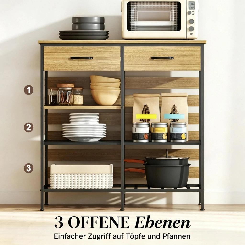 Credenza da cucina, mobile contenitore con 2 cassetti e 3 vani a giorno, mobile da cucina per soggiorno e sala da pranzo