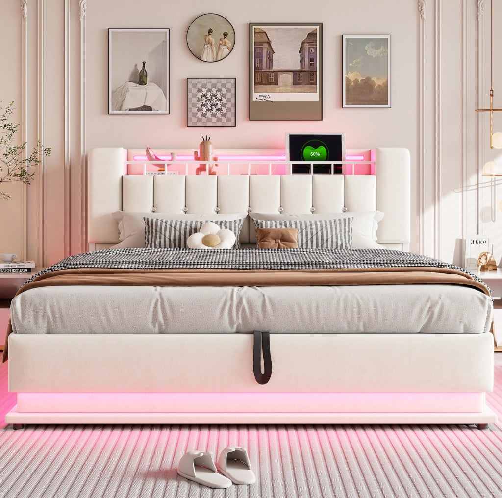 Letto imbottito 180x200 cm con LED, USB e contenitore idraulico beige