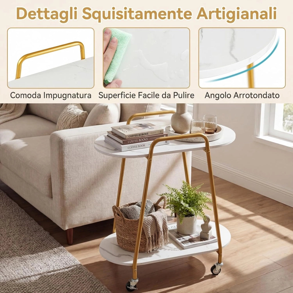 Tavolino Laterale da Divano con Ruote, Tavolino da Salotto a 2 Ripiani con Superfici in Marmo Artificiale, Ruote Bloccabili e Struttura in Metallo, Tavolo per Camera da Letto e Soggiorno