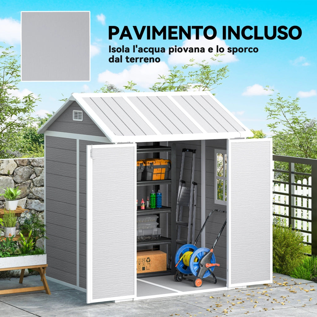 Casetta da Giardino in Resina ¨C Xylo ¨C Grigio, 2 Porte, Finestra, Pavimento, 1.8x1.8m