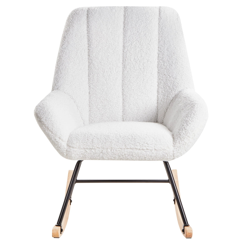 Sedia a dondolo Rivestimento in bouclé bianco sporco Teddy Metallo Gambe nere Braccioli Ampio schienale Soggiorno