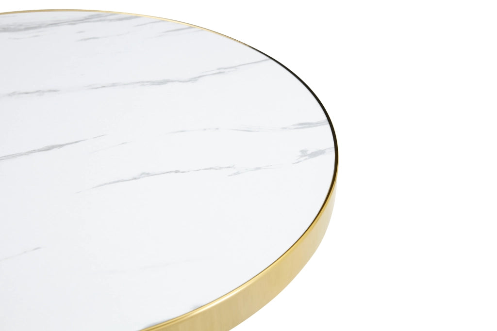 Tavolino basso rotondo con piano effetto marmo e bordo in acciaio inossidabile dorato, per soggiorno, bianco oro