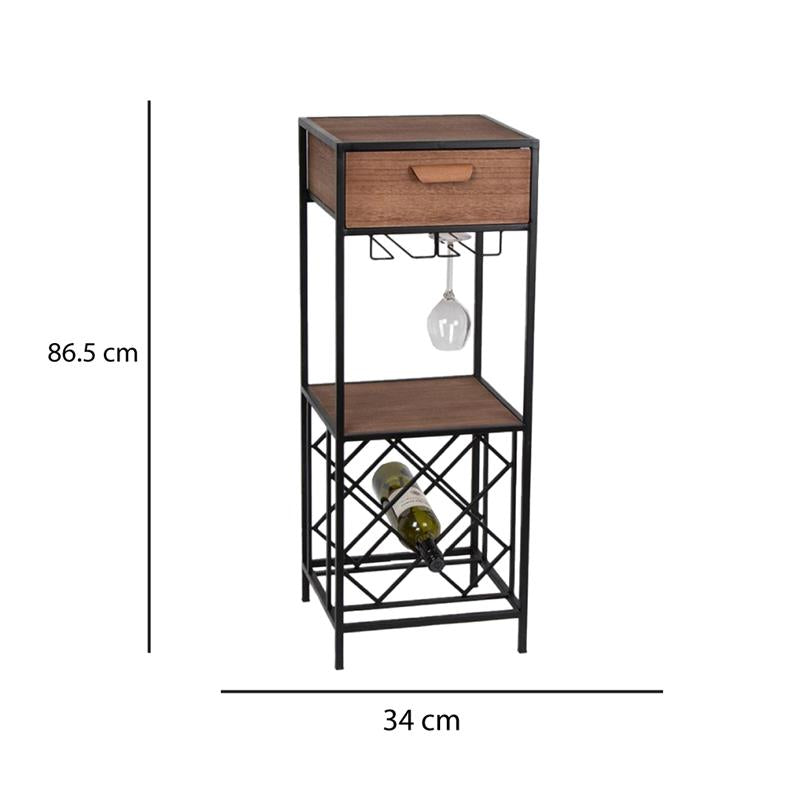 MOBILE PORTABOTTIGLIE DI VINO IN LEGNO E METALLO CON PORTABICCHIERI H 86.5X34X32.5 CM STILE MODERNO + CASSETTO