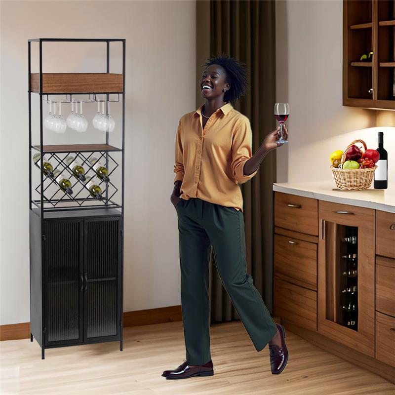 MOBILE PORTABOTTIGLIE IN LEGNO E METALLO CON PORTABOTTIGLIE E PORTA BICCHIERI H 181X35X49.5 CM COLOR NERO E LEGNO