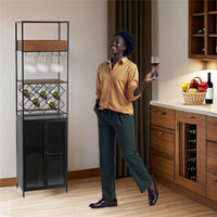 MOBILE PORTABOTTIGLIE IN LEGNO E METALLO CON PORTABOTTIGLIE E PORTA BICCHIERI H 181X35X49.5 CM COLOR NERO E LEGNO