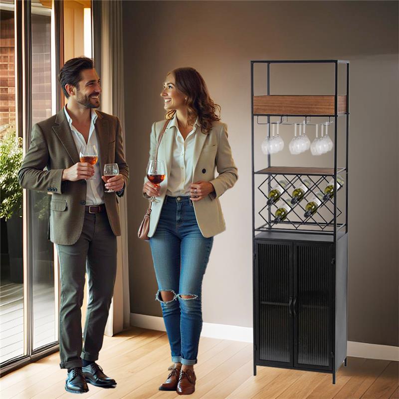 MOBILE PORTABOTTIGLIE IN LEGNO E METALLO CON PORTABOTTIGLIE E PORTA BICCHIERI H 181X35X49.5 CM COLOR NERO E LEGNO