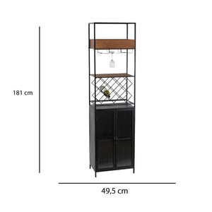MOBILE PORTABOTTIGLIE IN LEGNO E METALLO CON PORTABOTTIGLIE E PORTA BICCHIERI H 181X35X49.5 CM COLOR NERO E LEGNO