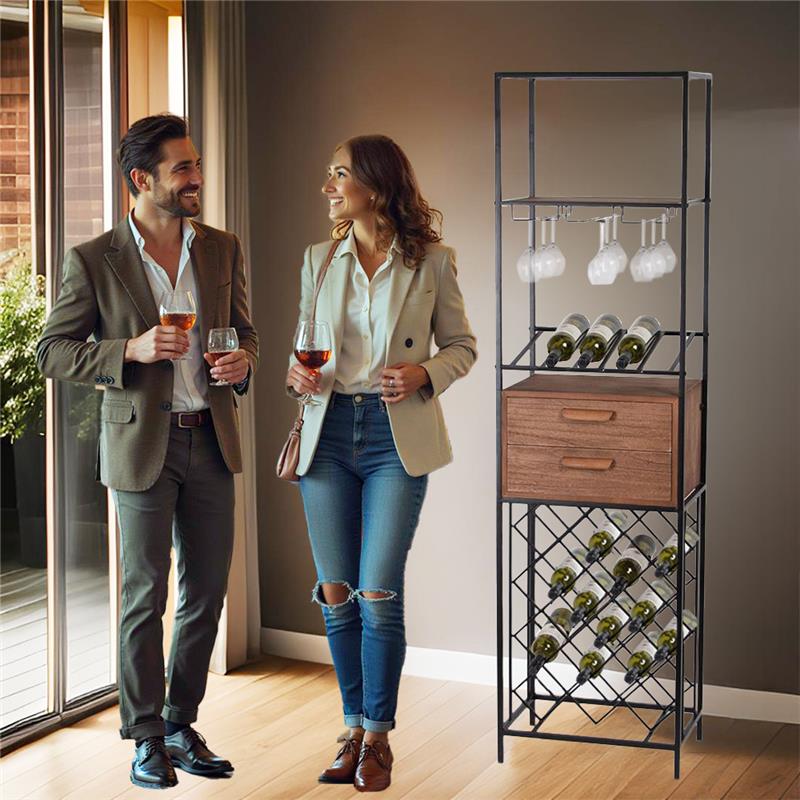 MOBILE PORTABOTTIGLIE IN LEGNO E METALLO CON PORTABOTTIGLIE E PORTA BICCHIERI H180X33X50CM CM A INCROCIO