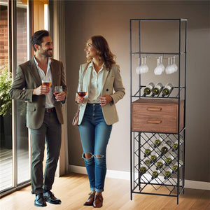 MOBILE PORTABOTTIGLIE IN LEGNO E METALLO CON PORTABOTTIGLIE E PORTA BICCHIERI H180X33X50CM CM A INCROCIO