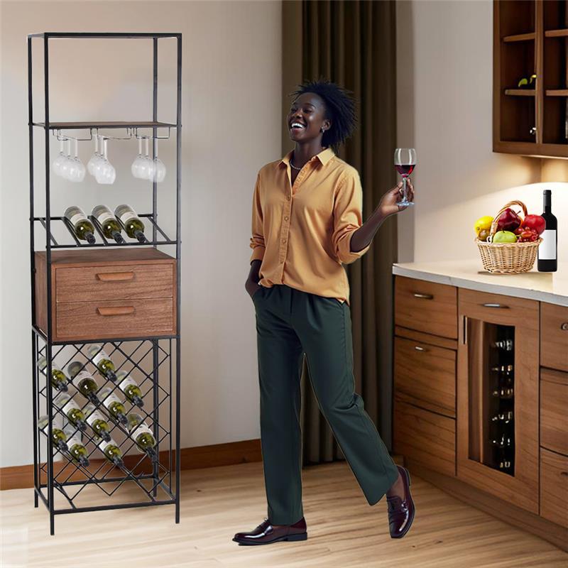 MOBILE PORTABOTTIGLIE IN LEGNO E METALLO CON PORTABOTTIGLIE E PORTA BICCHIERI H180X33X50CM CM A INCROCIO