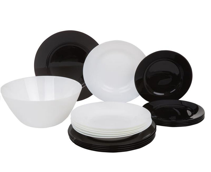 LUMINARC SERVIZIO DA TAVOLA LEA 19 PEZZI IN COLORE BIANCO E NERO 6 FONDI - 6 PIANI - 6 DA FRUTTA + 1 CIOTOLA