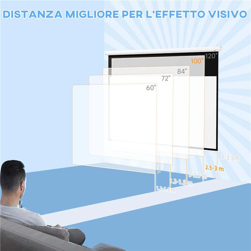 TELO PER PROIETTORE 100" RAPPORTO 16:9, FISSAGGIO A MURO E SOFFITTO PER CASA E UFFICIO, BIANCO