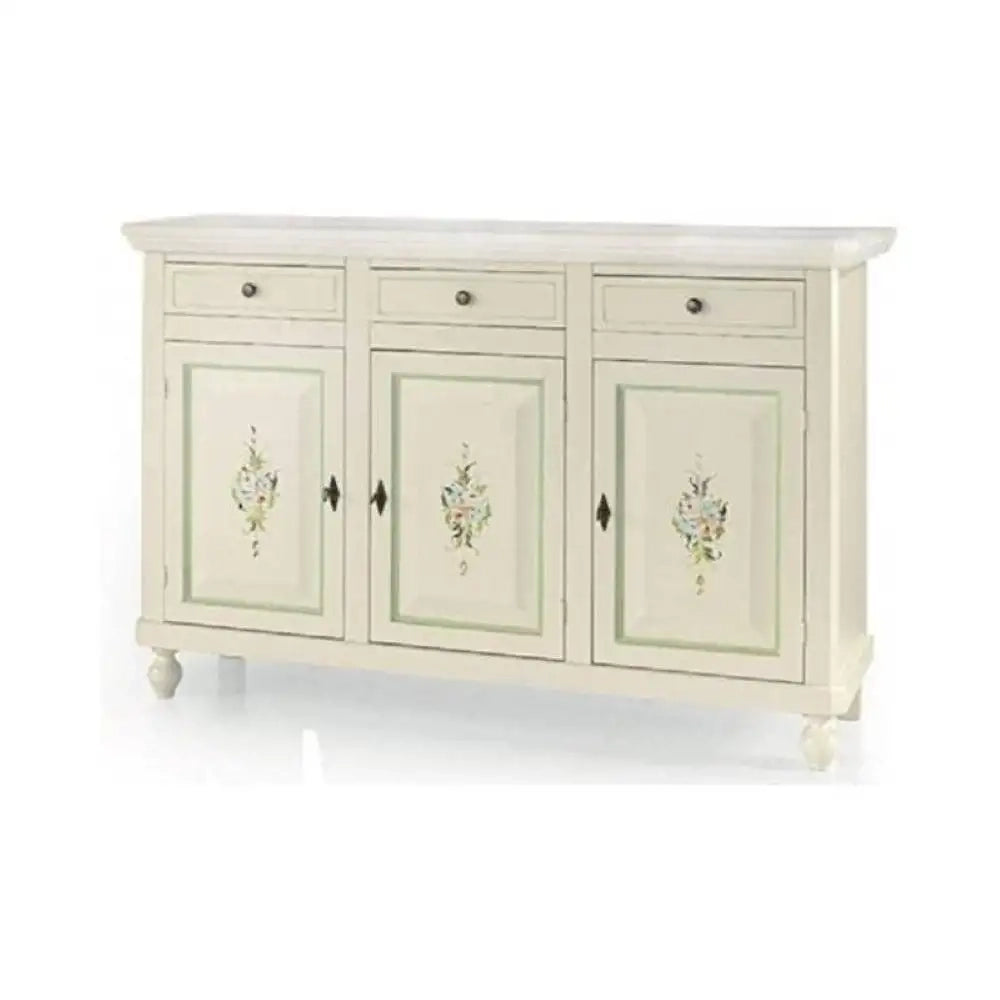 Credenza 3 ante 3 cassetti arte povera in legno massello e mdf con rifinitura in bianco filo verde con decori 158x47x103 H