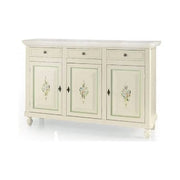Credenza 3 ante 3 cassetti arte povera in legno massello e mdf con rifinitura in bianco filo verde con decori 158x47x103 H