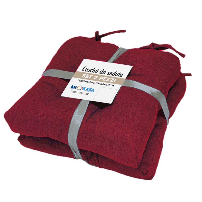 SET 2 CUSCINI DA SEDUTA COLORE ROSSO 38X38X8 CM IMBOTTITURA MORBIDA PROVVISTI DI LACCI LAVABILI A 30°