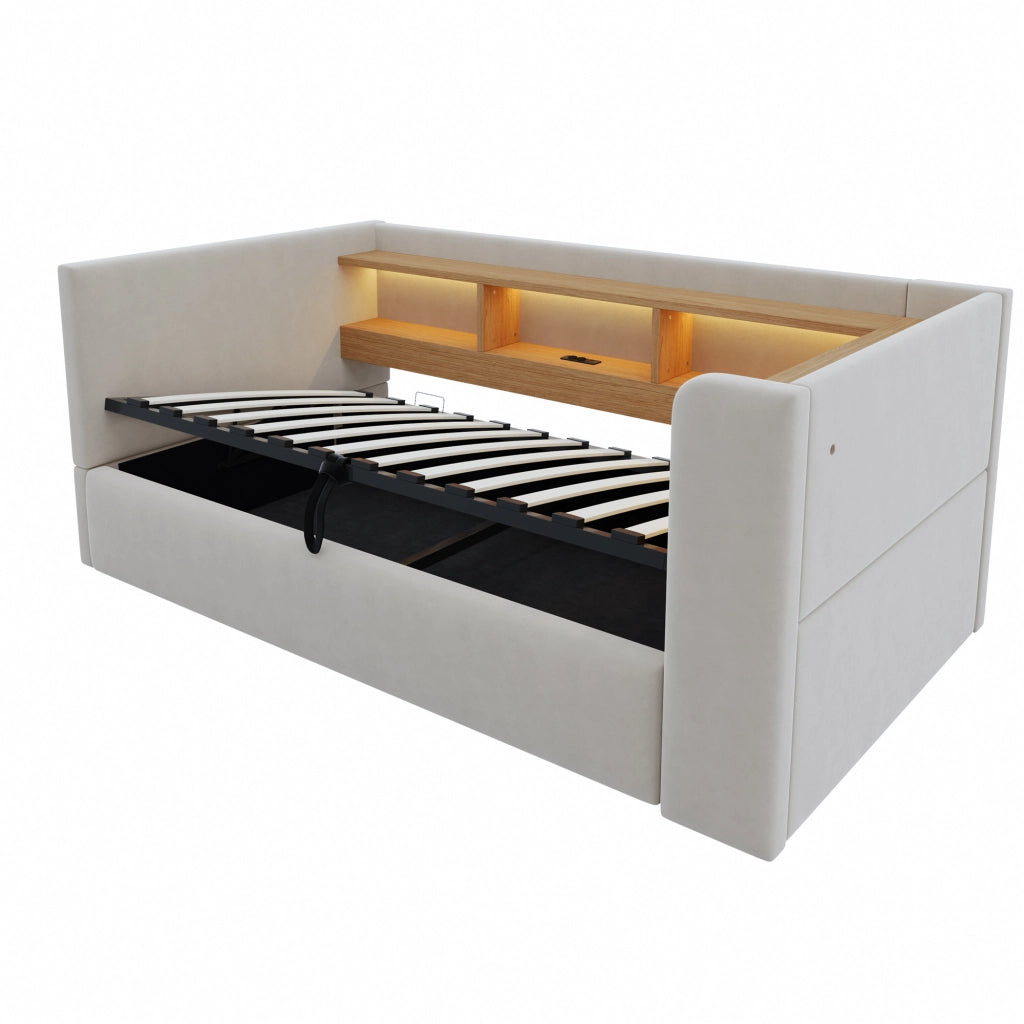 Divano letto imbottito con vano contenitore idraulico, luci LED e prese integrate, 90 x 190 cm, grigio chiaro