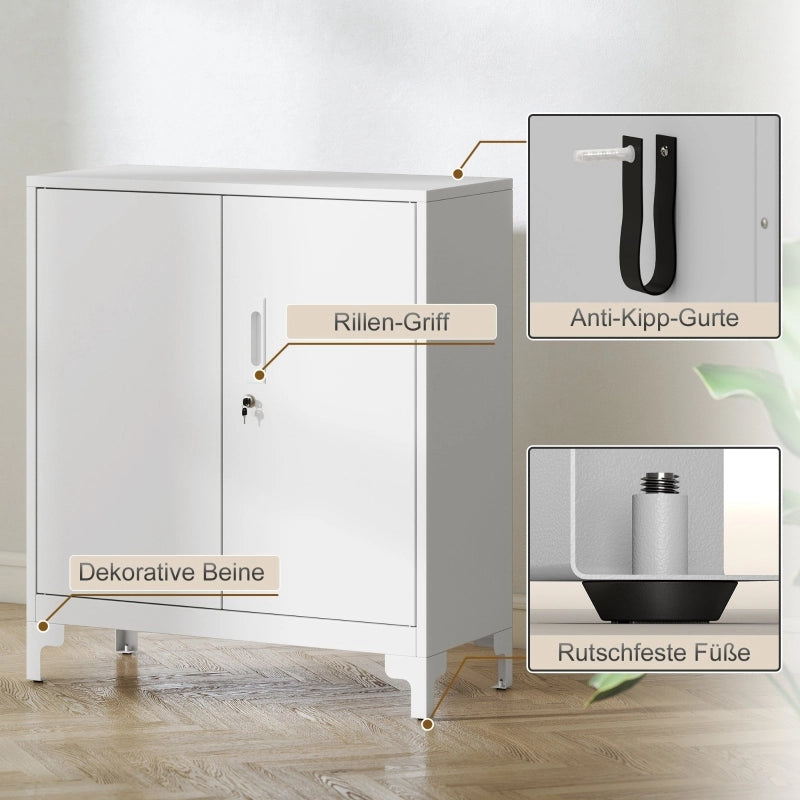 Mobile da ufficio in metallo, ante con serratura, cassettiera da ufficio, design a 2 ripiani, bianco