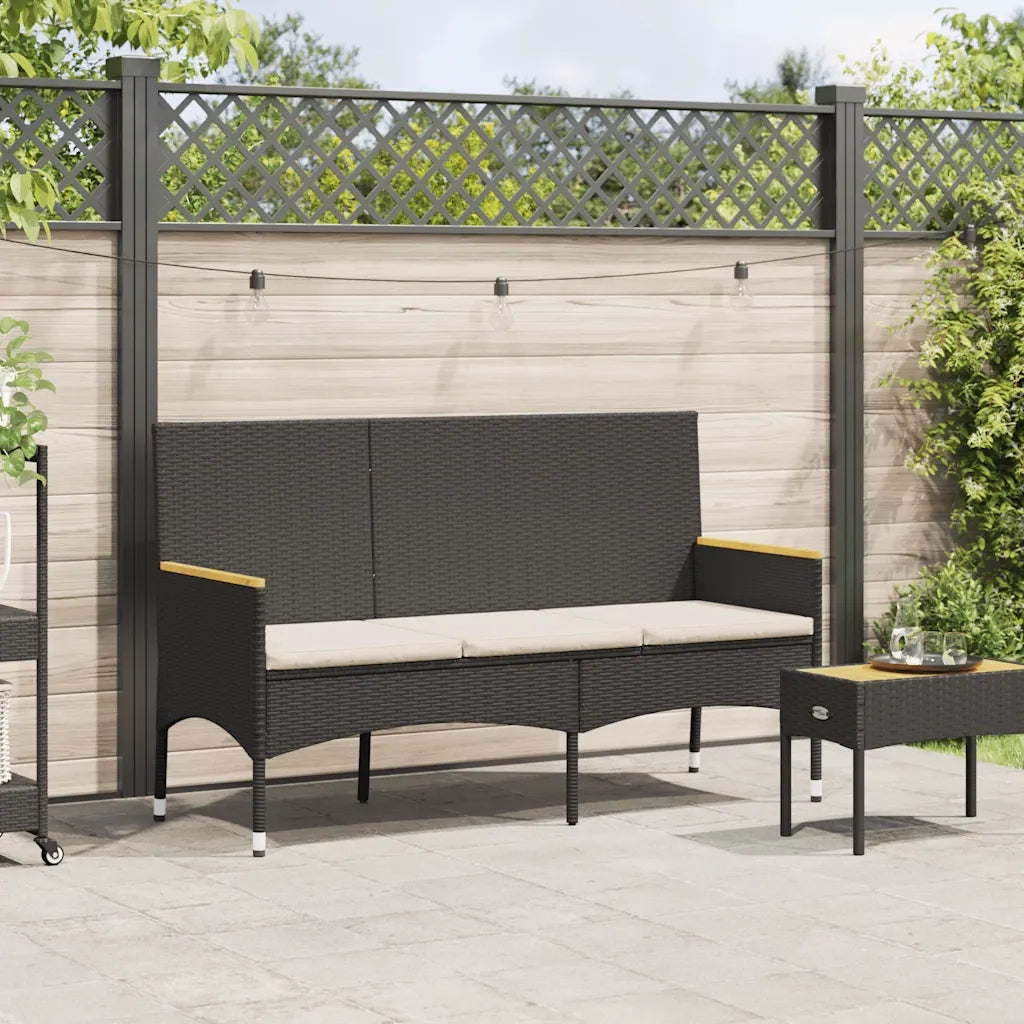 Panchina da Giardino | Panca da Giardino a 3 Posti con Cuscini Nera in Polyrattan