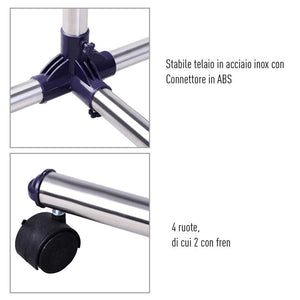 STENDER APPENDIABITI LARGHEZZA E ALTEZZA REGOLABILI CON RUOTE IN ACCIAIO INOX