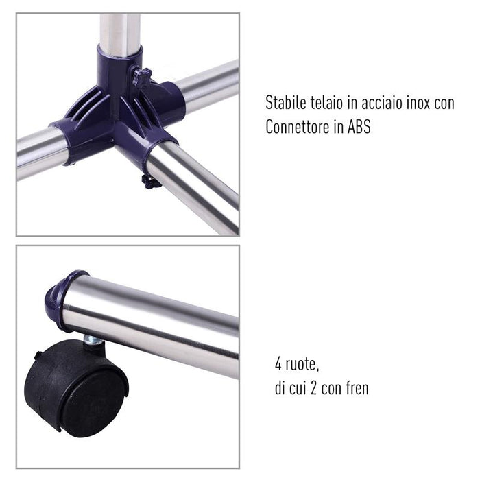 STENDER APPENDIABITI LARGHEZZA E ALTEZZA REGOLABILI CON RUOTE IN ACCIAIO INOX