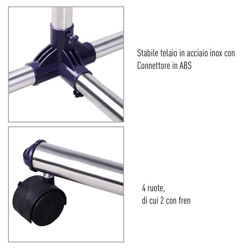 STENDER APPENDIABITI LARGHEZZA E ALTEZZA REGOLABILI CON RUOTE IN ACCIAIO INOX