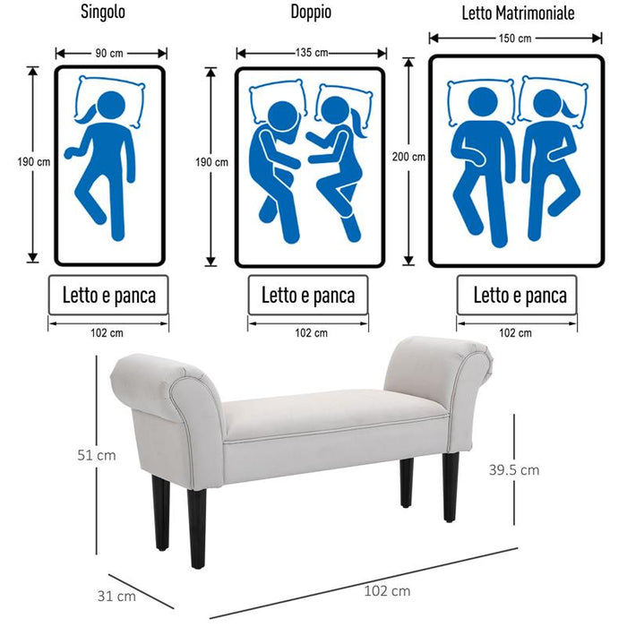 PANCA FONDO LETTO IMBOTTITA DESIGN CON BRACCIOLI ARROTOLATI GRIGIO