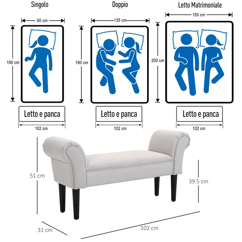 PANCA FONDO LETTO IMBOTTITA DESIGN CON BRACCIOLI ARROTOLATI GRIGIO