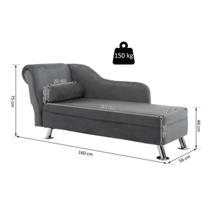 CHAISE LONGUE CON CUSCINO INCLUSO IN METALLO E VELLUTO GRIGIO 160 X 56 X 75 CM