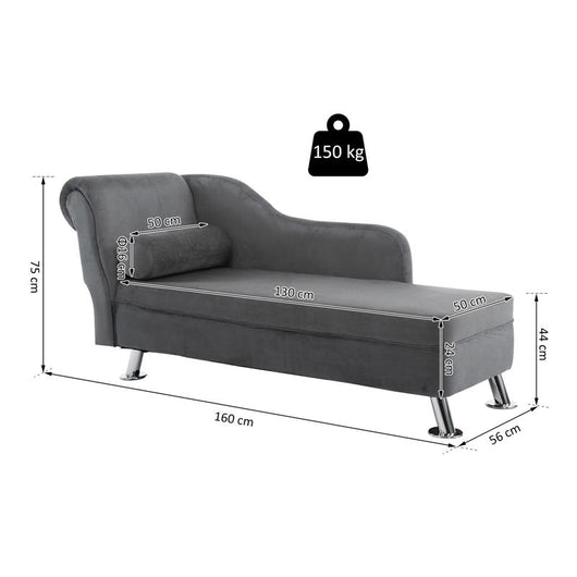 CHAISE LONGUE CON CUSCINO INCLUSO IN METALLO E VELLUTO GRIGIO 160 X 56 X 75 CM