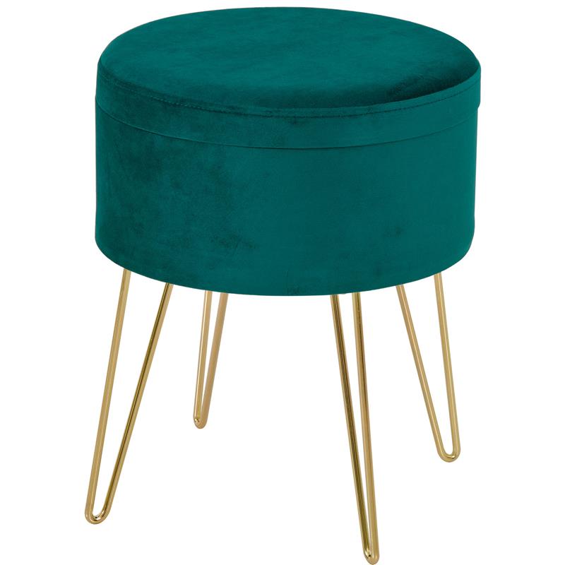 SGABELLO ROTONDO CON VANO CONTENITORE IN VELLUTO 36 X 36 X 45 CM VERDE E ORO
