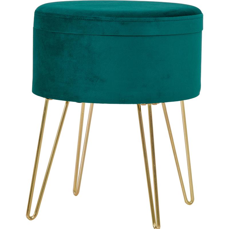 SGABELLO ROTONDO CON VANO CONTENITORE IN VELLUTO 36 X 36 X 45 CM VERDE E ORO