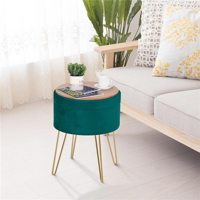 SGABELLO ROTONDO CON VANO CONTENITORE IN VELLUTO 36 X 36 X 45 CM VERDE E ORO
