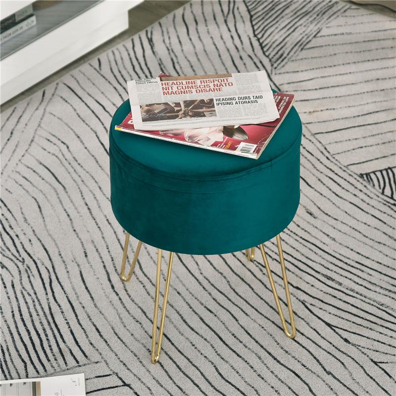 SGABELLO ROTONDO CON VANO CONTENITORE IN VELLUTO 36 X 36 X 45 CM VERDE E ORO