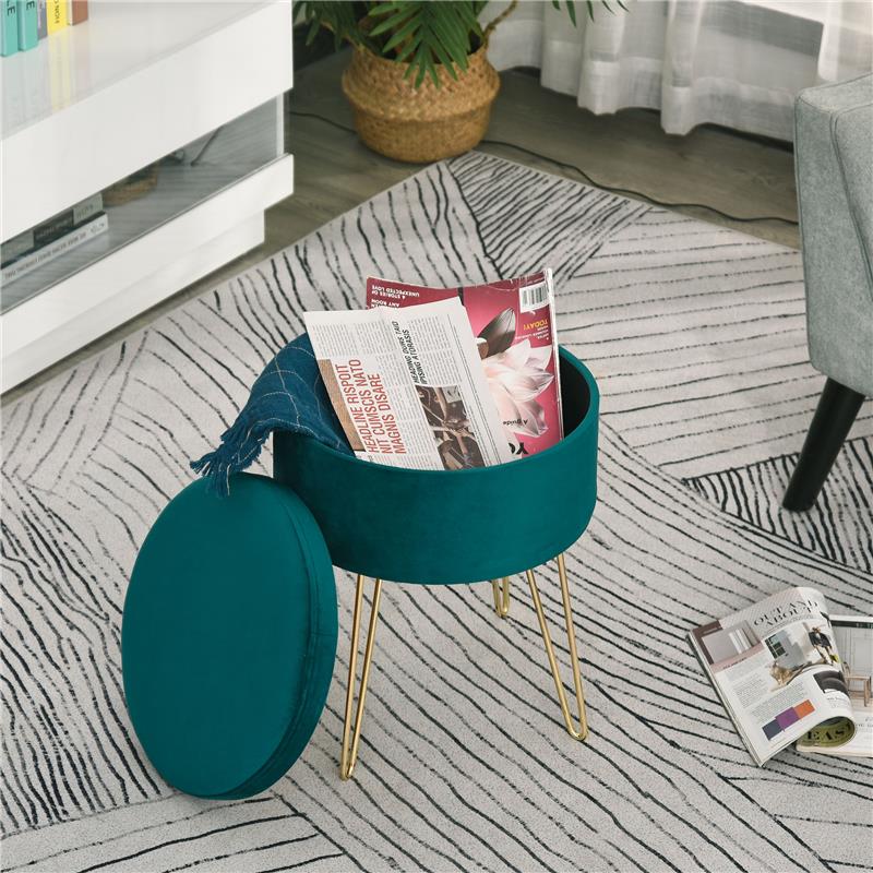 SGABELLO ROTONDO CON VANO CONTENITORE IN VELLUTO 36 X 36 X 45 CM VERDE E ORO