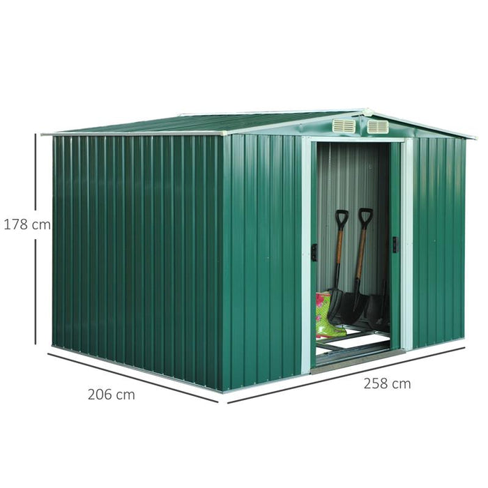 CASETTA DA GIARDINO IN LAMIERA D’ACCIAIO 246 X 192.5 X 177.5CM VERDE