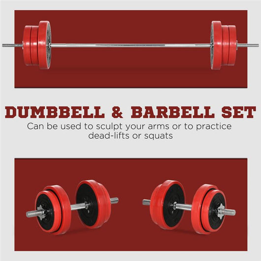 SET BILANCIERE E DISCHI 65 KG IN METALLO SABBIA DI FERRO E GOMMA ROSSO