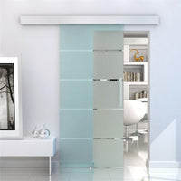 PORTA SCORREVOLE IN VETRO SATINATO CON 4 STRISCE TRASPARENTI, 102.5X205CM