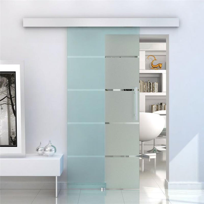 PORTA SCORREVOLE IN VETRO SATINATO CON 4 STRISCE TRASPARENTI, 102.5X205CM