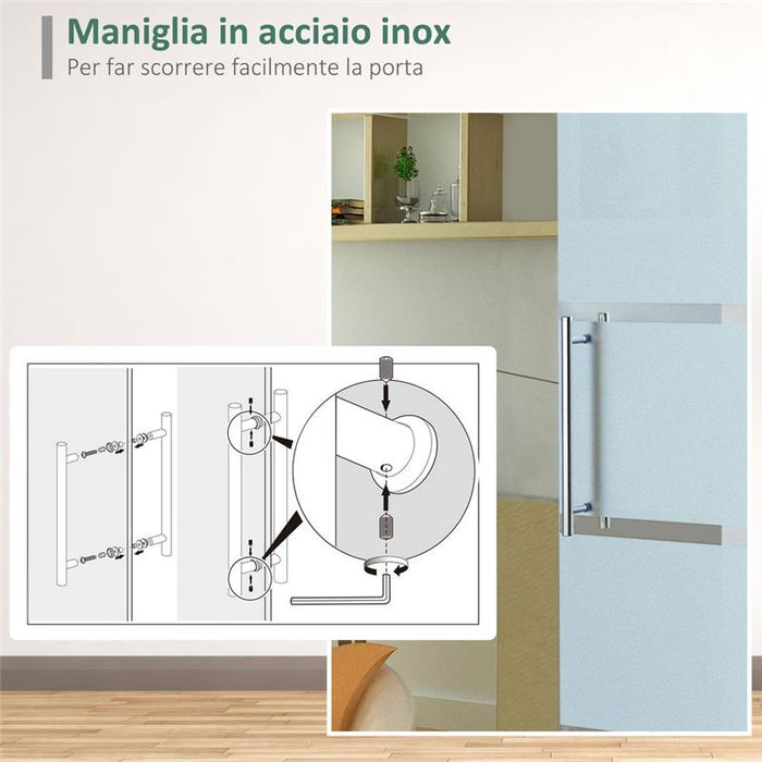 PORTA SCORREVOLE IN VETRO SATINATO CON 4 STRISCE TRASPARENTI, 102.5X205CM