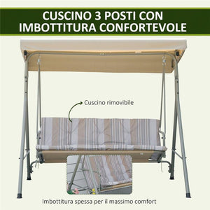 DONDOLO DA GIARDINO 3 POSTI IN ACCIAIO CON TETTO REGOLABILE, CUSCINI E BRACCIOLI, 172X110X156CM